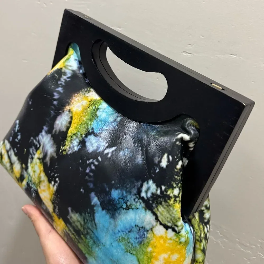 Unique Cowhide Leather Tie-dye Print Handmade Wooden Frame Top Handle Bag